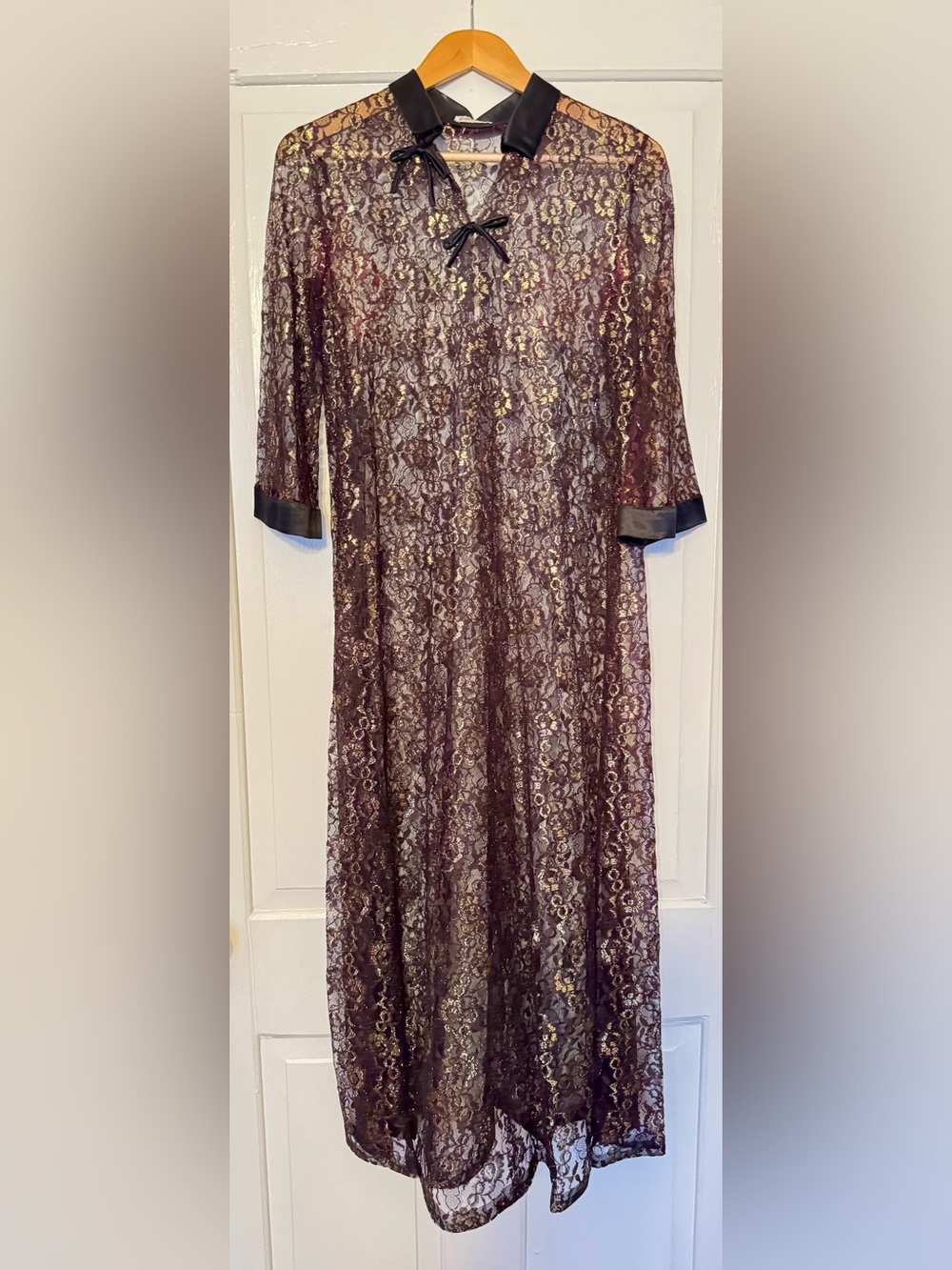 Vintage 60’s Lace and Satin Evening Dress Overcoat in Black and Gold Robe